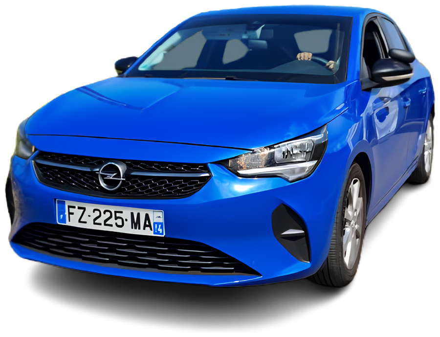 La voiture d’apprentissage de l’auto-école Permis Web : une Opel Corsa bleue équipée du panneau Auto-École.